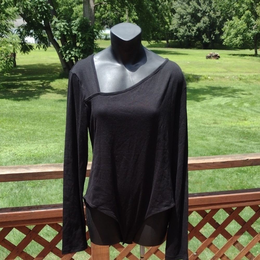 Mangopop Black Long Sleeve Asymmetrical Neckline Bodysuit Size XXL